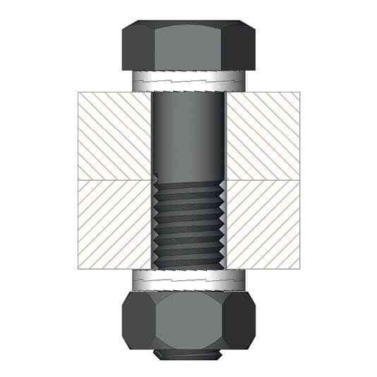 通孔中的外六角螺栓，两侧皆须防松